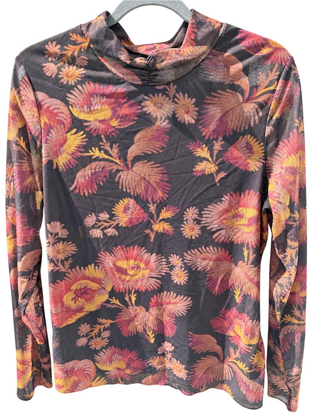 Ted Baker Charcoal Long-Sleeve Mock Neck Top with Pink & Yellow Floral Print.